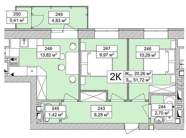 ЖК Atmosfera Life: планировка 2-комнатной квартиры 51.72 м²