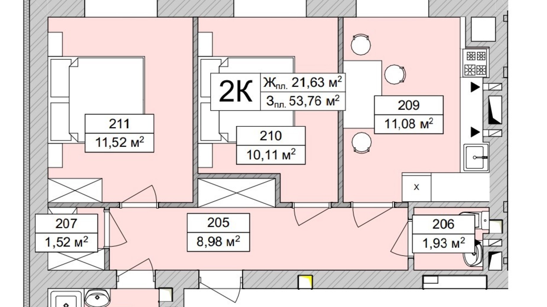 Планування 2-кімнатної квартири в ЖК Atmosfera Life 53.76 м², фото 639697