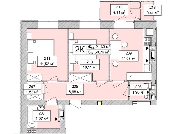 ЖК Atmosfera Life: планировка 2-комнатной квартиры 53.76 м²