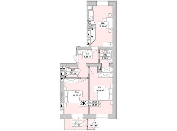 ЖК Atmosfera Life: планировка 2-комнатной квартиры 64.44 м²