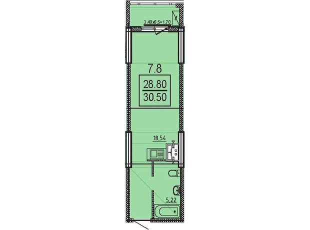 ЖК Посейдон: планировка 1-комнатной квартиры 30.4 м²