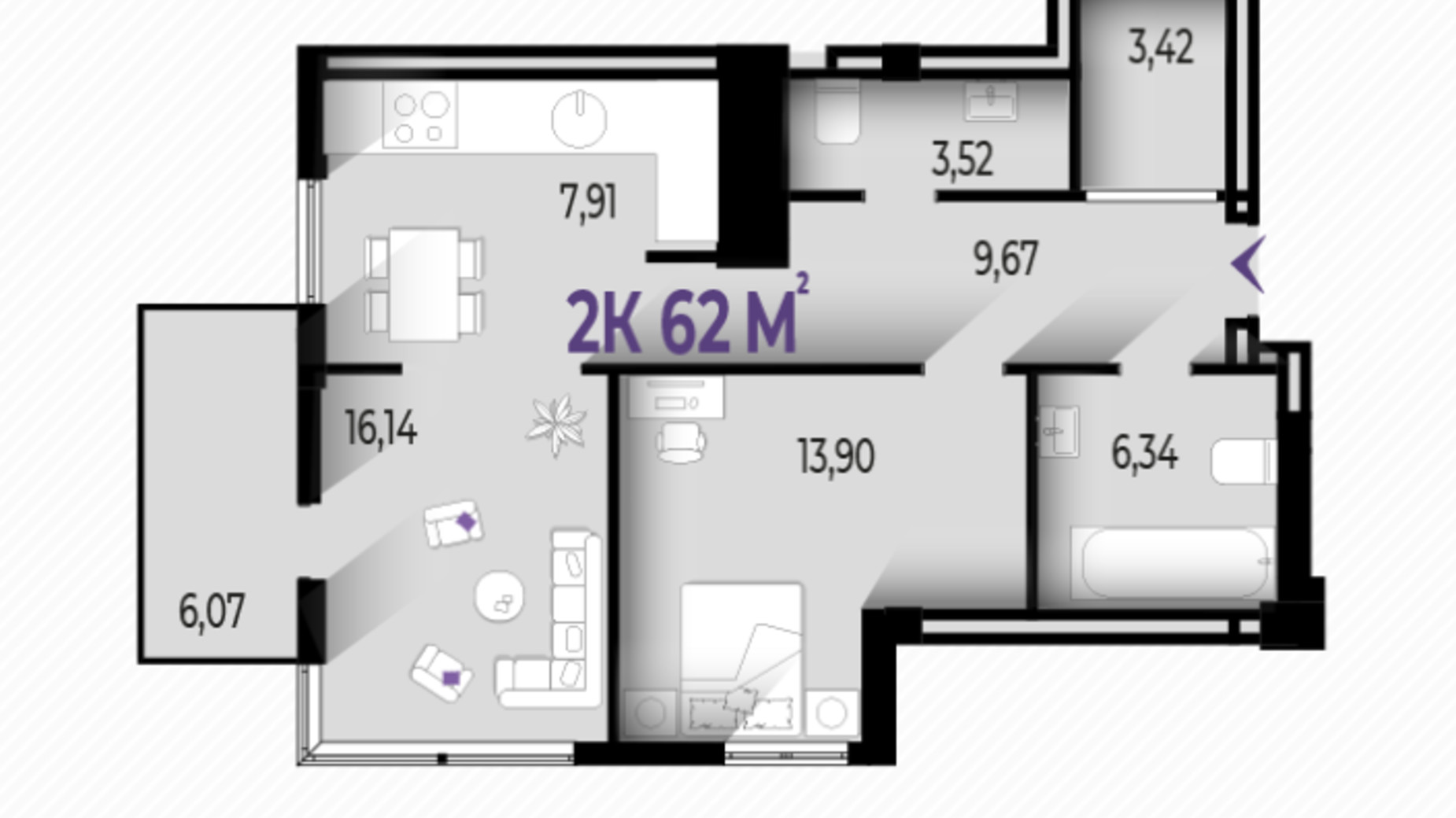 Планування 2-кімнатної квартири в ЖК Бульвар Європейський 62 м², фото 639820