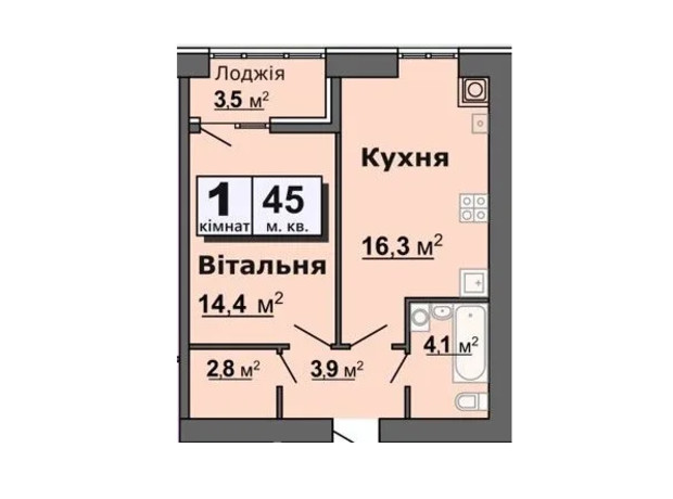 ЖК ул. Железнодорожная, 16: планировка 1-комнатной квартиры 45 м²