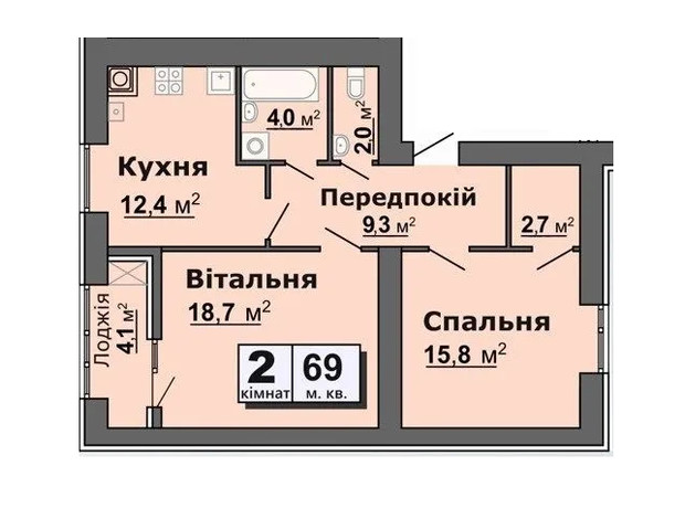 ЖК ул. Железнодорожная, 16: планировка 2-комнатной квартиры 69 м²