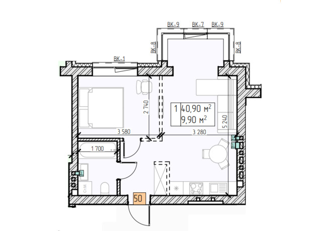 ЖК Цветочный: планировка 1-комнатной квартиры 40.9 м²