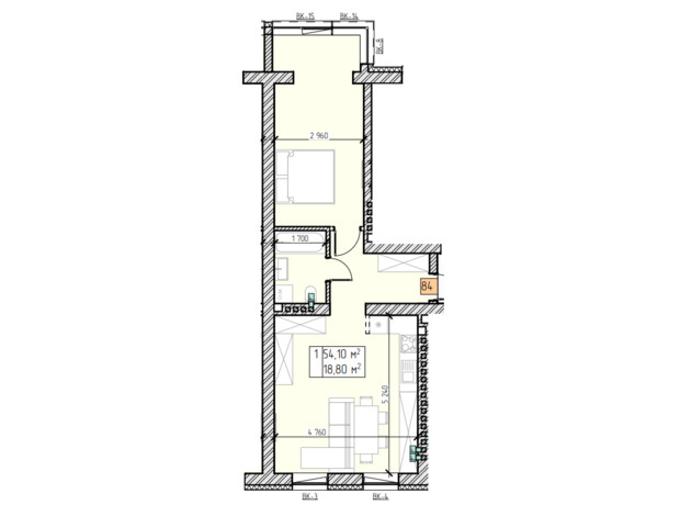 ЖК Цветочный: планировка 1-комнатной квартиры 54.1 м²