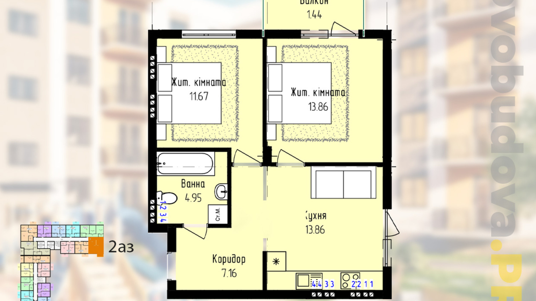 Планування 2-кімнатної квартири в ЖК Садовий 52.95 м², фото 640025