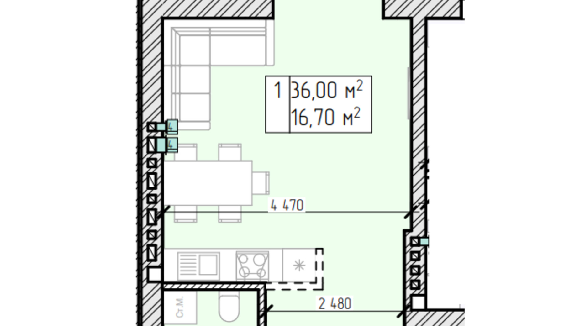 Планировка 1-комнатной квартиры в ЖК Цветочный 36 м², фото 640038