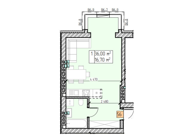 ЖК Цветочный: планировка 1-комнатной квартиры 36 м²