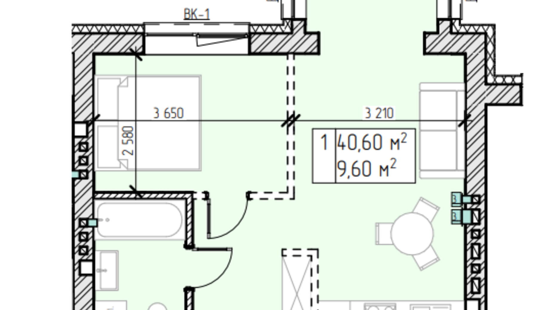 Планування 1-кімнатної квартири в ЖК Квітковий 40.6 м², фото 640039