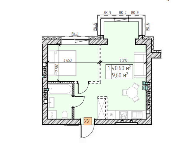 ЖК Цветочный: планировка 1-комнатной квартиры 40.6 м²