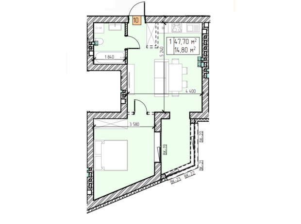 ЖК Цветочный: планировка 1-комнатной квартиры 47.7 м²