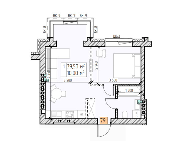 ЖК Квітковий: планування 1-кімнатної квартири 39.5 м²