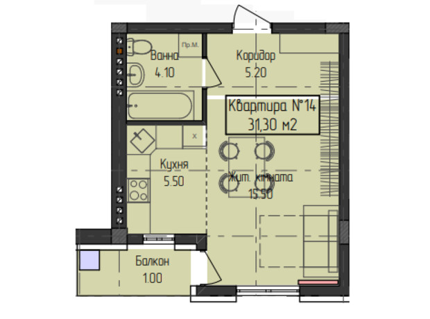ЖК ГеліосУЖ: планировка 1-комнатной квартиры 31.3 м²