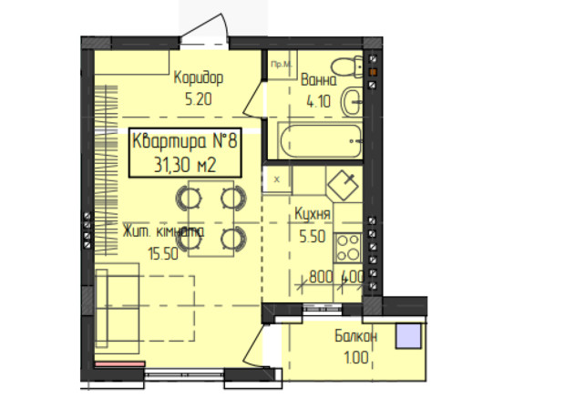 ЖК ГеліосУЖ: планировка 1-комнатной квартиры 31.3 м²