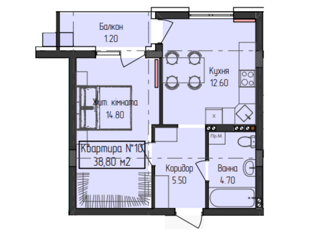 ЖК ГеліосУЖ: планировка 1-комнатной квартиры 38.8 м²