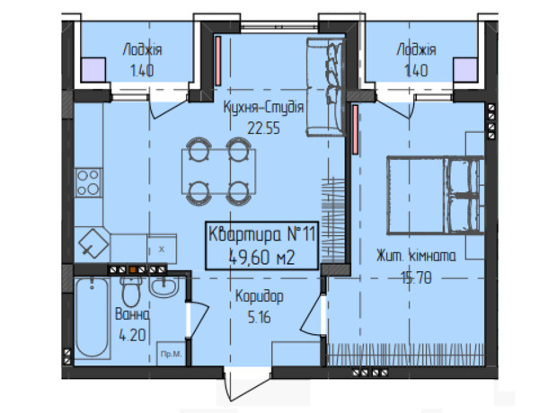 ЖК ГеліосУЖ: планировка 2-комнатной квартиры 49.6 м²