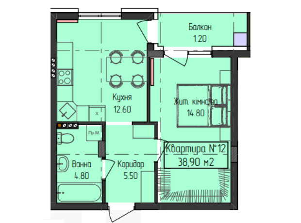 ЖК ГеліосУЖ: планировка 1-комнатной квартиры 38.9 м²