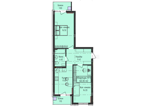 ЖК ГеліосУЖ: планировка 2-комнатной квартиры 60.3 м²