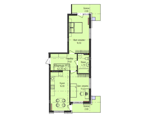 ЖК ГеліосУЖ: планировка 2-комнатной квартиры 62.2 м²