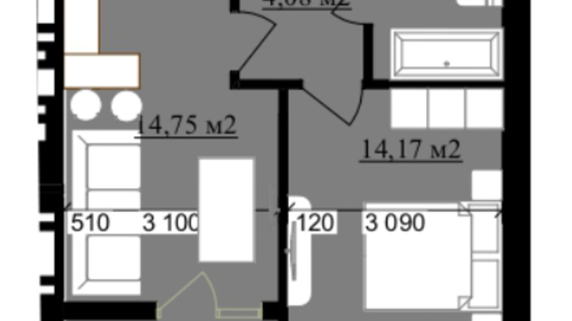 Планування 1-кімнатної квартири в ЖК Millennium (NDB) 41.22 м², фото 640304