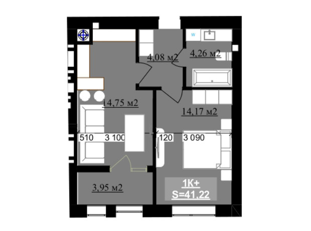 ЖК Millennium (NDB): планування 1-кімнатної квартири 41.22 м²