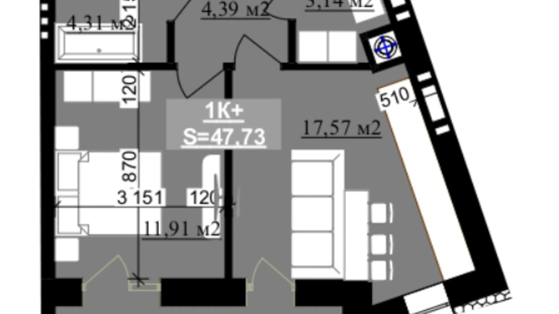 Планировка 1-комнатной квартиры в ЖК Millennium (NDB) 47.73 м², фото 640305