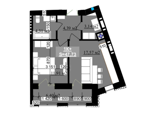 ЖК Millennium (NDB): планування 1-кімнатної квартири 47.73 м²