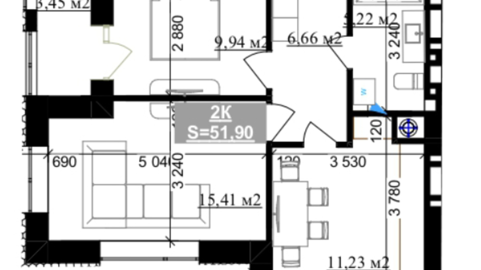 Планировка 2-комнатной квартиры в ЖК Millennium (NDB) 51.9 м², фото 640306