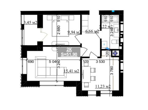 ЖК Millennium (NDB): планировка 2-комнатной квартиры 51.9 м²