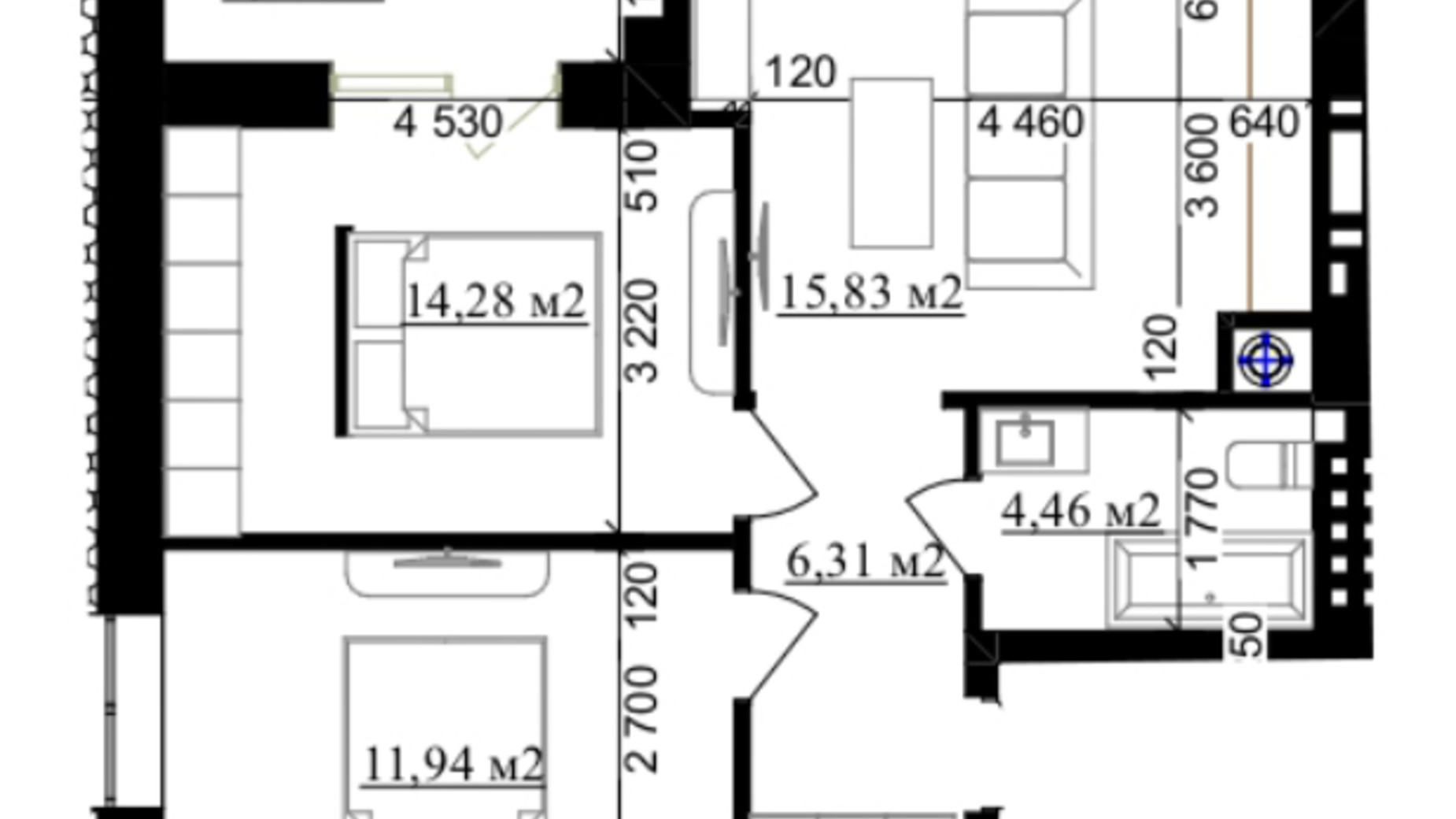 Планування 2-кімнатної квартири в ЖК Millennium (NDB) 57.21 м², фото 640307