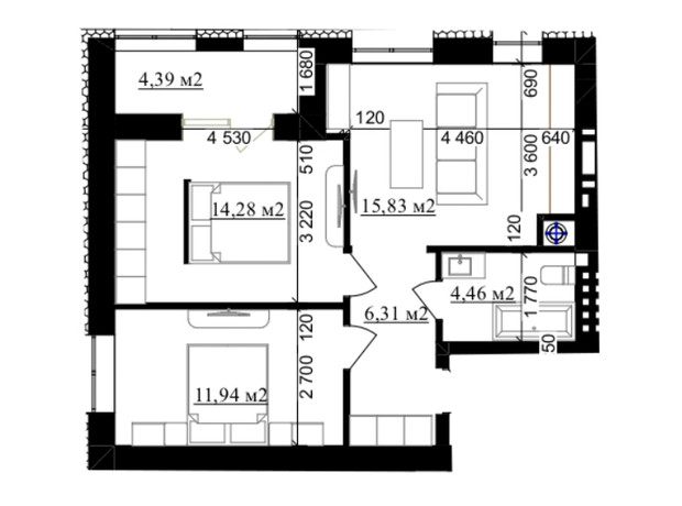 ЖК Millennium (NDB): планування 2-кімнатної квартири 57.21 м²