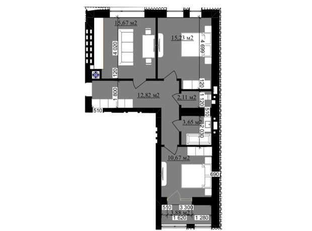 ЖК Millennium (NDB): планировка 2-комнатной квартиры 64.03 м²