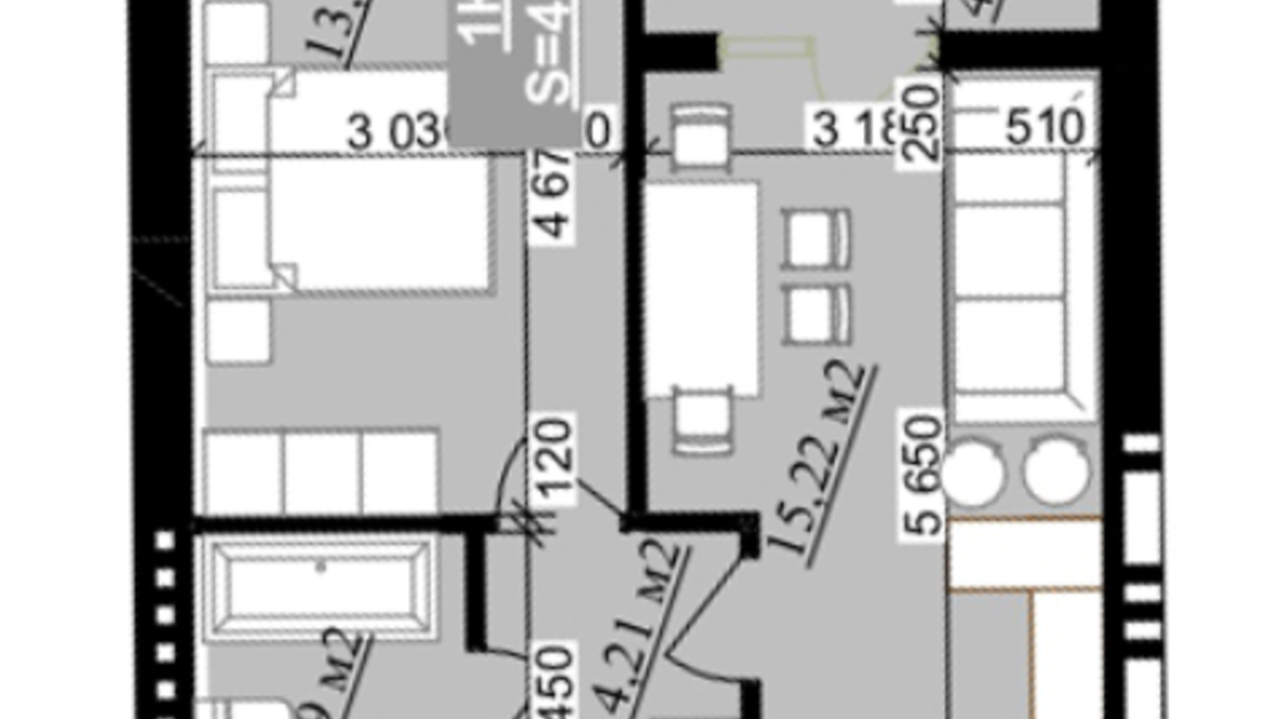 Планування 1-кімнатної квартири в ЖК Millennium (NDB) 41.84 м², фото 640309