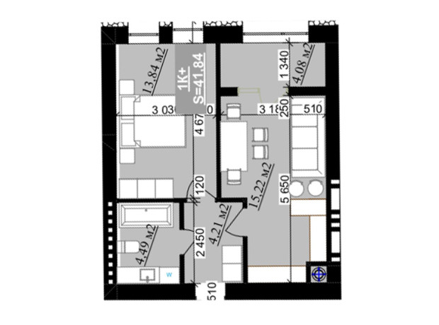 ЖК Millennium (NDB): планування 1-кімнатної квартири 41.84 м²