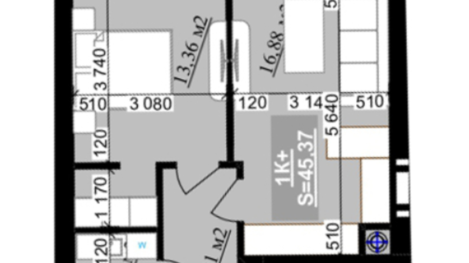Планування 1-кімнатної квартири в ЖК Millennium (NDB) 45.37 м², фото 640310