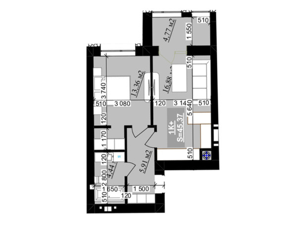 ЖК Millennium (NDB): планування 1-кімнатної квартири 45.37 м²