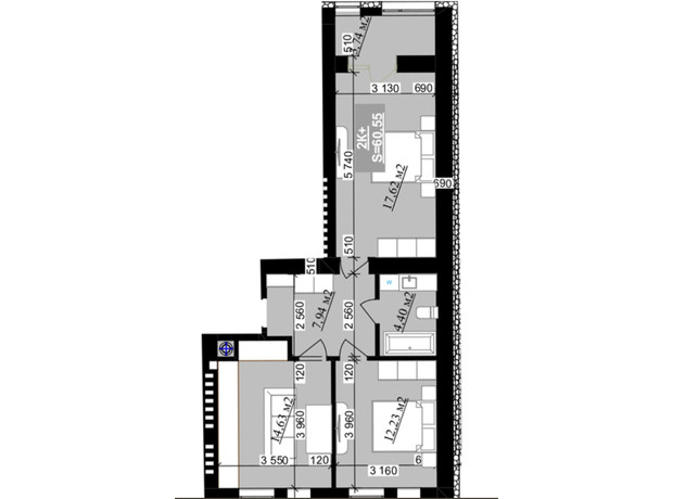 ЖК Millennium (NDB): планування 2-кімнатної квартири 60.55 м²