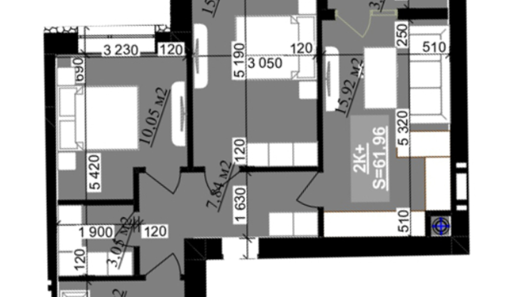 Планування 2-кімнатної квартири в ЖК Millennium (NDB) 61.96 м², фото 640312