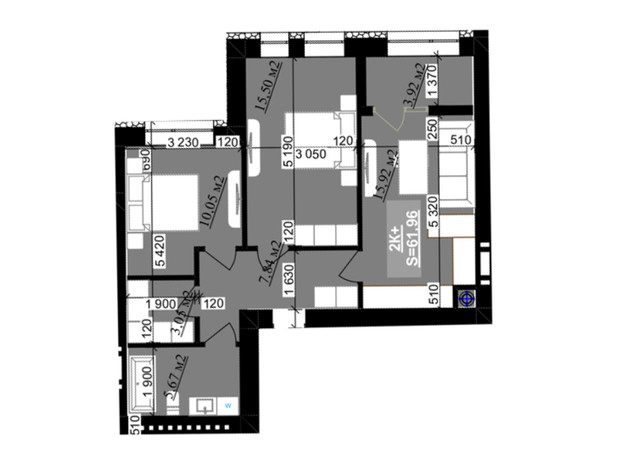 ЖК Millennium (NDB): планування 2-кімнатної квартири 61.96 м²