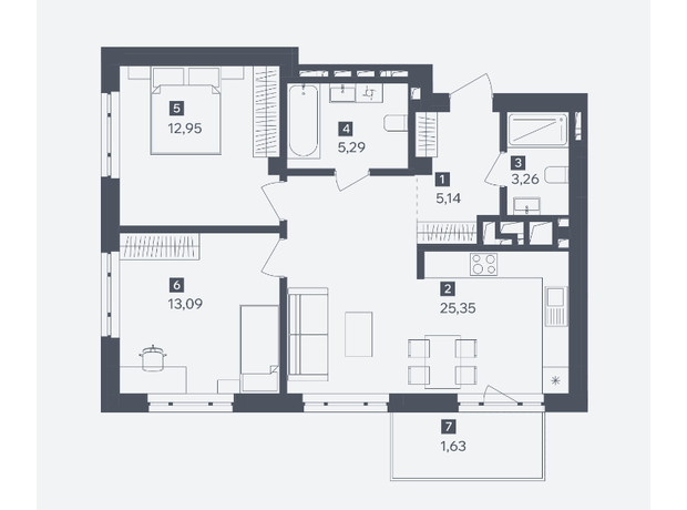 ЖК Wabi: планировка 2-комнатной квартиры 66.71 м²