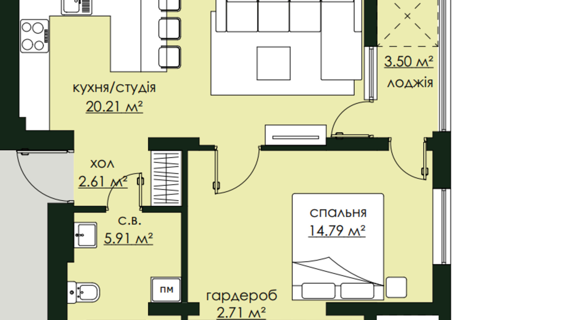 Планування 1-кімнатної квартири в ЖК Бетховен 49.73 м², фото 640666