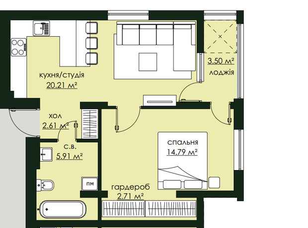 ЖК Бетховен: планування 1-кімнатної квартири 49.73 м²