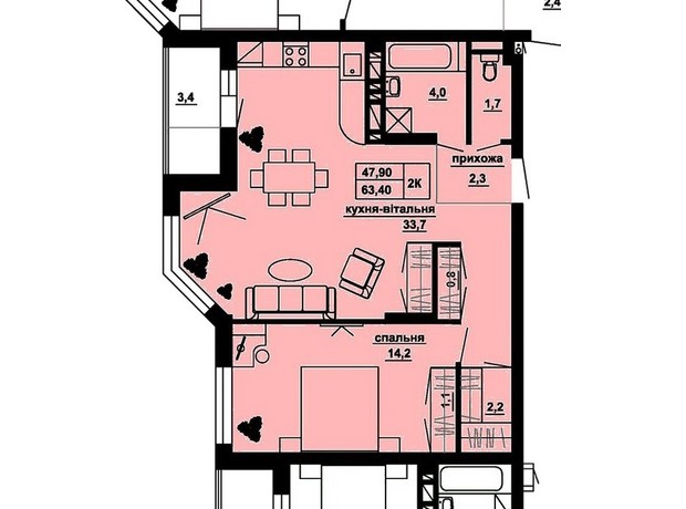 ЖК Manhattan: планировка 2-комнатной квартиры 63.4 м²