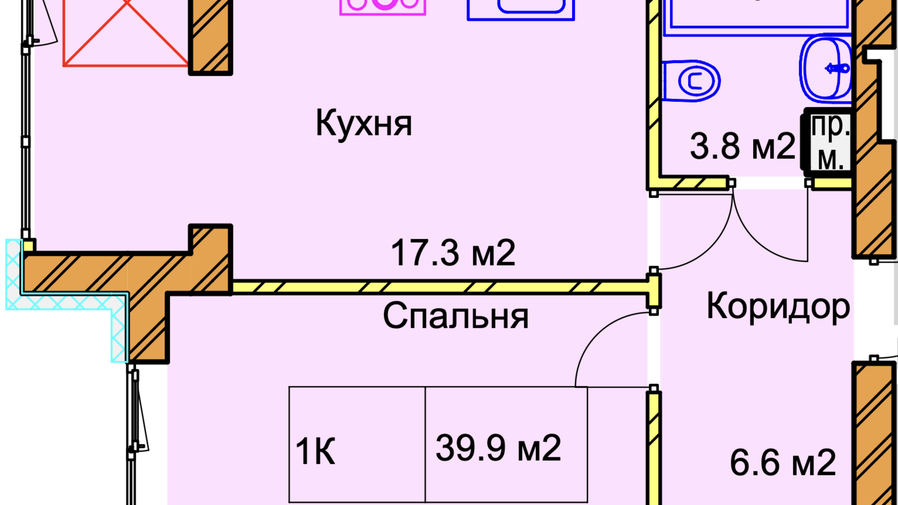 Планування 1-кімнатної квартири в ЖК Panorama de Luxe 39.9 м², фото 640795