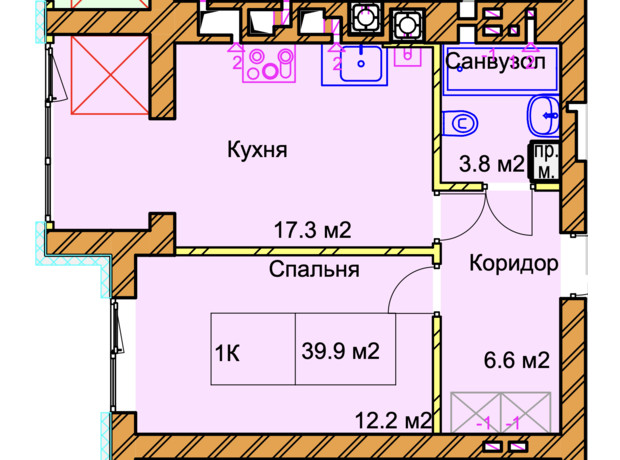 ЖК Panorama de Luxe: планировка 1-комнатной квартиры 39.9 м²