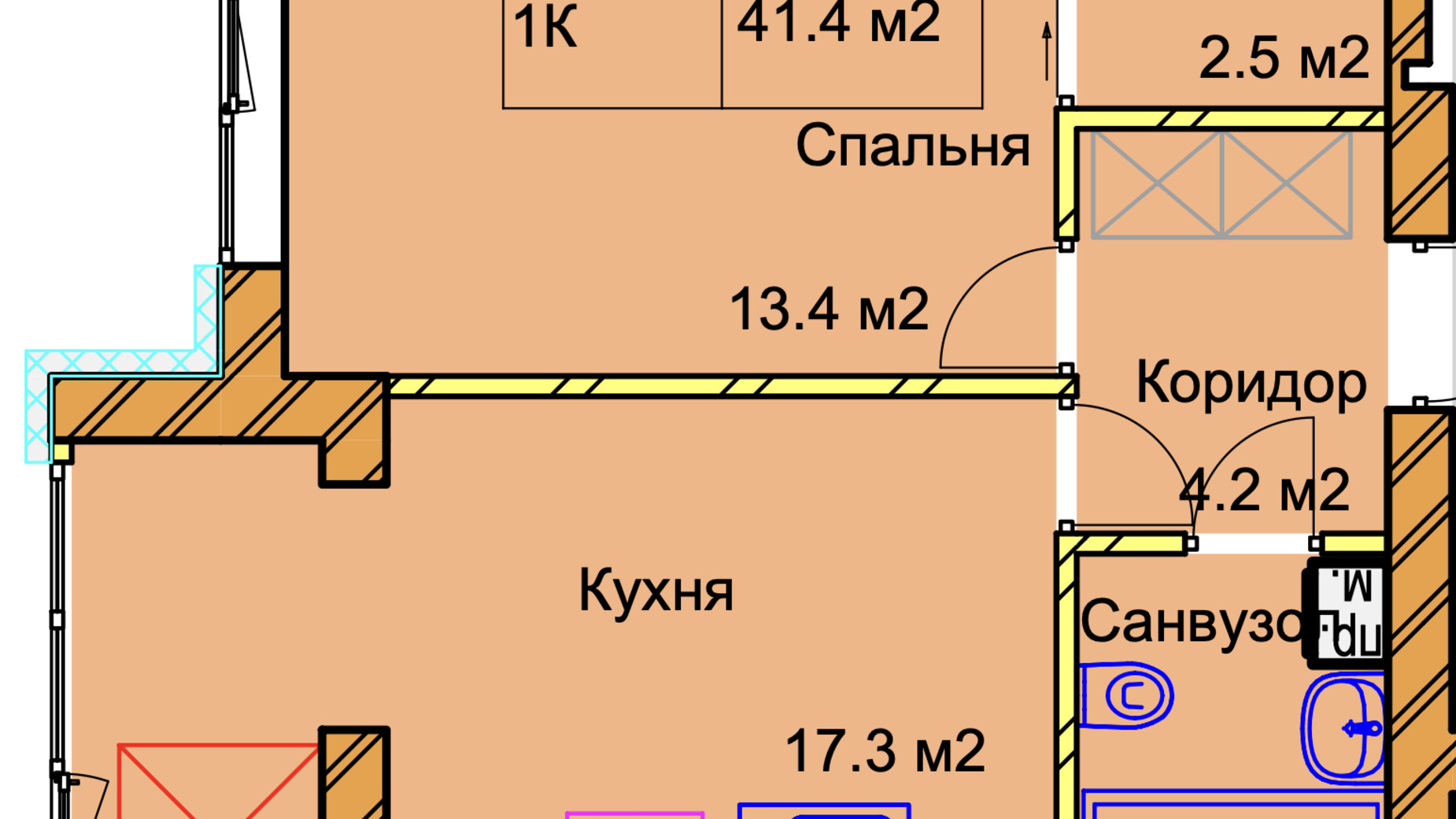 Планування 1-кімнатної квартири в ЖК Panorama de Luxe 41.4 м², фото 640796