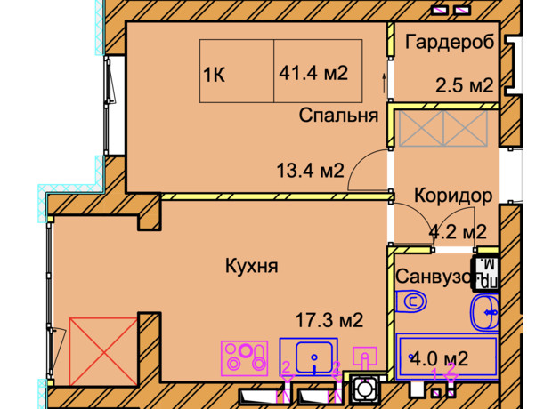 ЖК Panorama de Luxe: планування 1-кімнатної квартири 41.4 м²