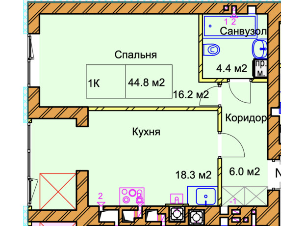 ЖК Panorama de Luxe: планировка 1-комнатной квартиры 44.8 м²