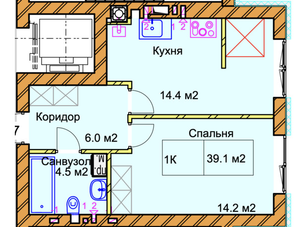 ЖК Panorama de Luxe: планування 1-кімнатної квартири 39.1 м²